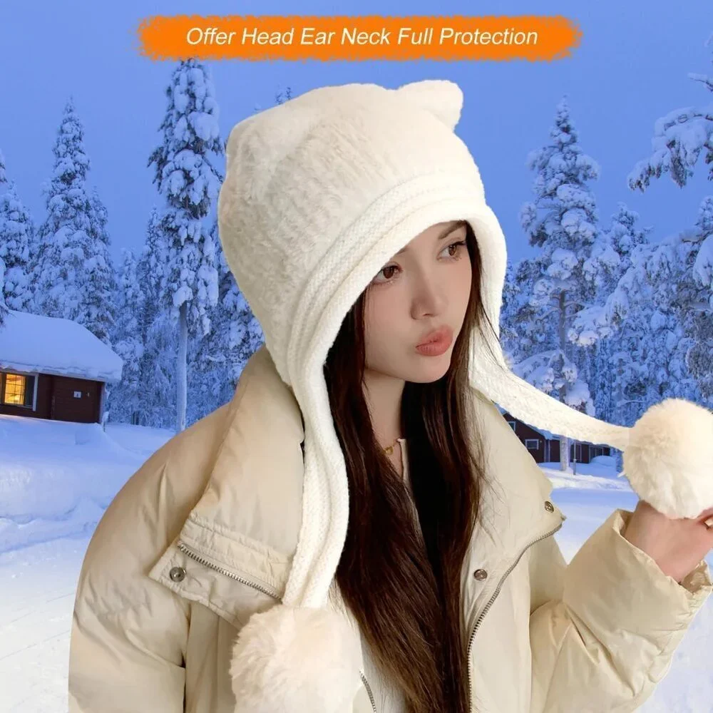 Women Baise Winter Sherpa Beanie Hats Knit Ear Flaps Peruvian Cover Ears